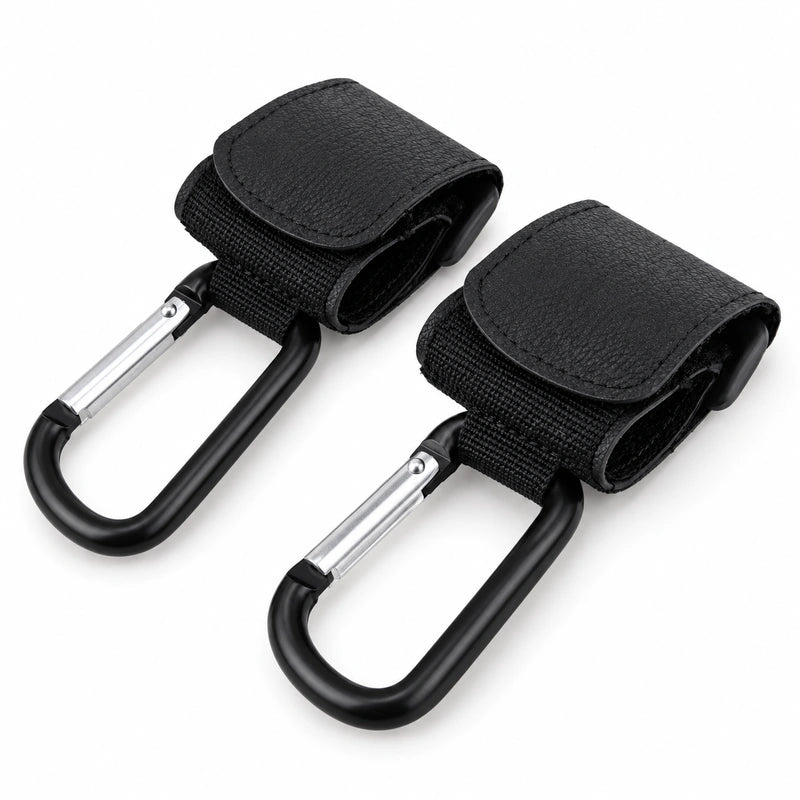 Attache poussette noire avec mousqueton, vendue par lot de 2