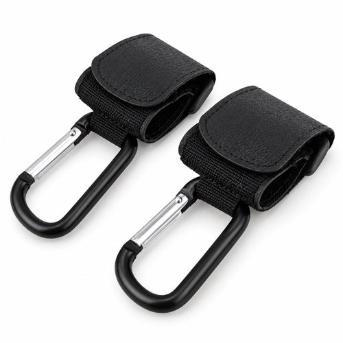Attache poussette noire avec mousqueton, vendue par lot de 2