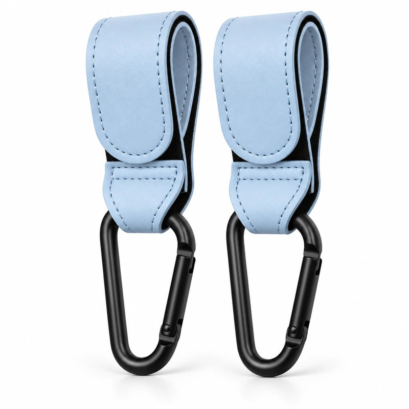 Attache poussette simili cuir bleu ciel avec mousqueton, lot de 2
