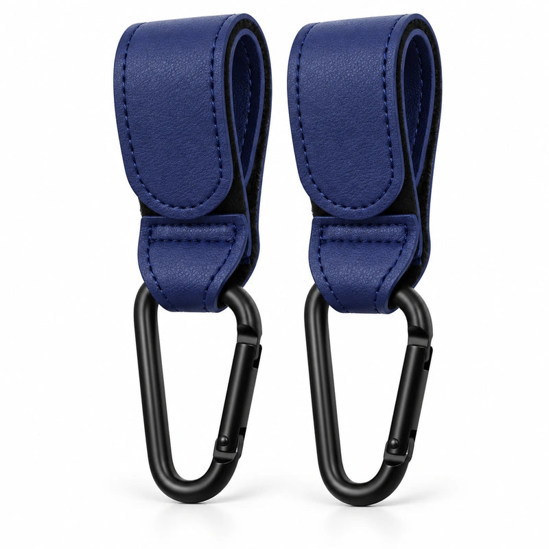 Attache poussette simili cuir bleu marine avec mousqueton, lot de 2