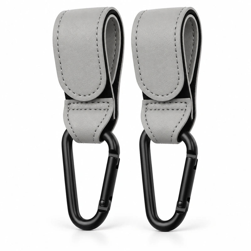 Attache poussette simili cuir gris avec mousqueton, lot de 2