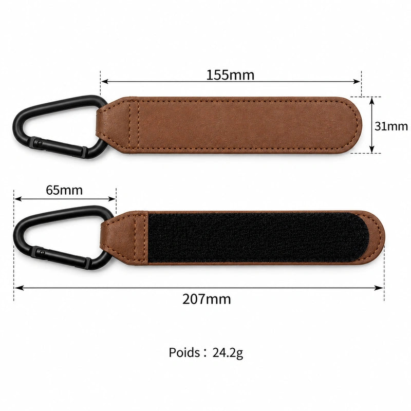 Schéma des dimensions de l'attache poussette : longueur 155-207mm, largeur 31-65mm, poids 24,2g