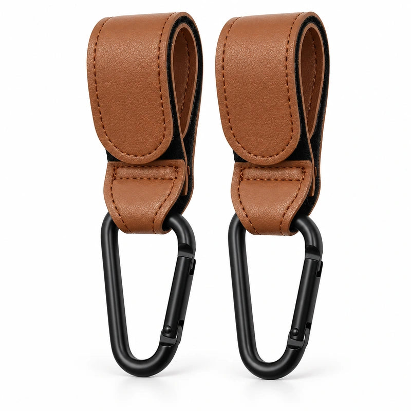 Attache poussette simili cuir marron avec mousqueton, lot de 2