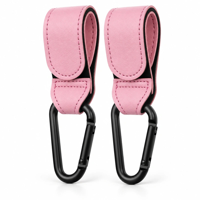 Attache poussette simili cuir rose avec mousqueton, lot de 2
