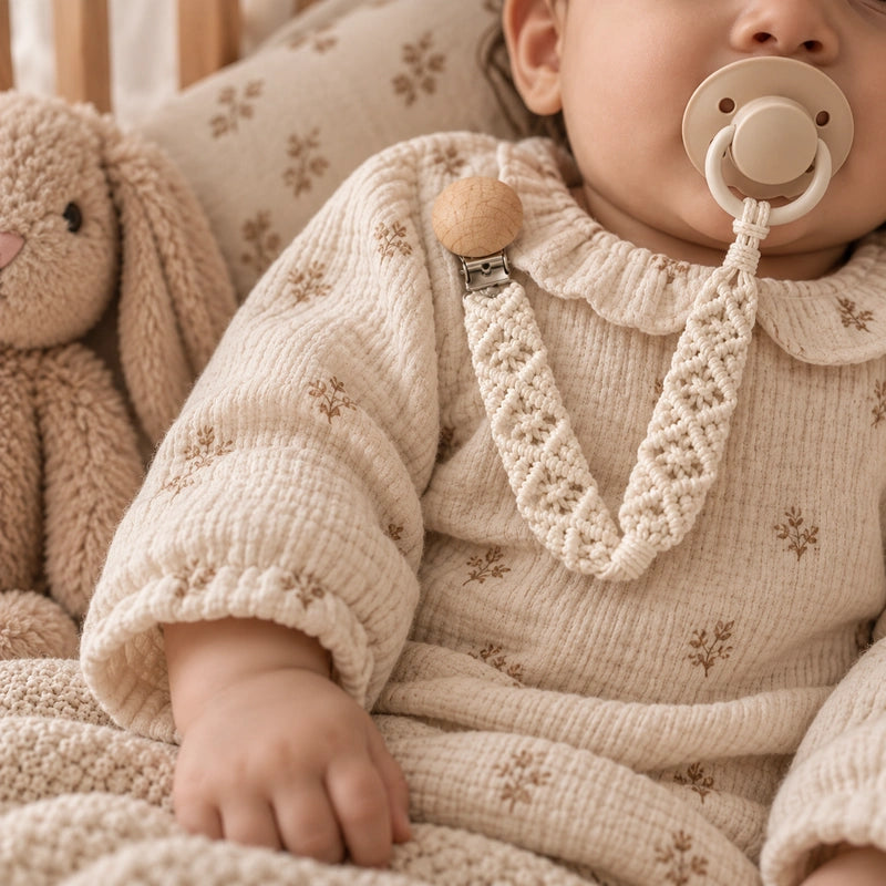 Bébé portant une attache tétine macramé écru fixée à sa tétine, en situation