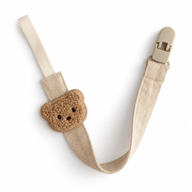 Attache tétine motif ours ivoire avec ruban en coton