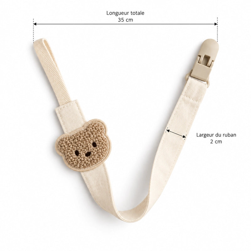 Schéma des dimensions de l'attache tétine ours : longueur totale 35 cm, largeur du ruban 2 cm