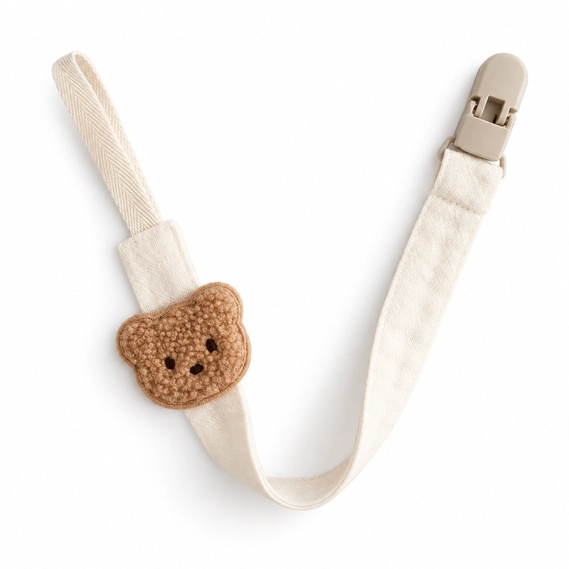 Attache tétine motif ours écru avec ruban en coton