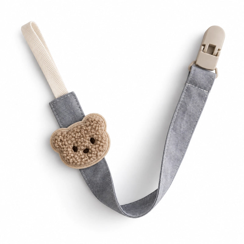 Attache tétine motif ours gris avec ruban en lin