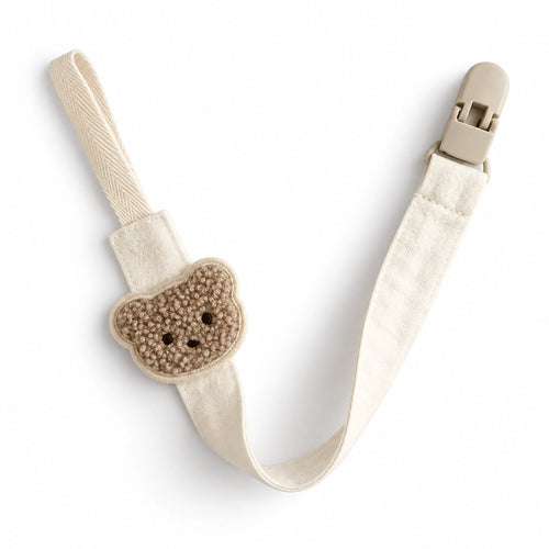 Attache tétine motif ours beige avec ruban en lin