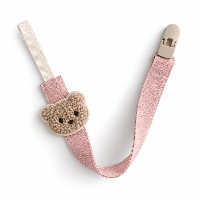 Attache tétine motif ours rose avec ruban en lin