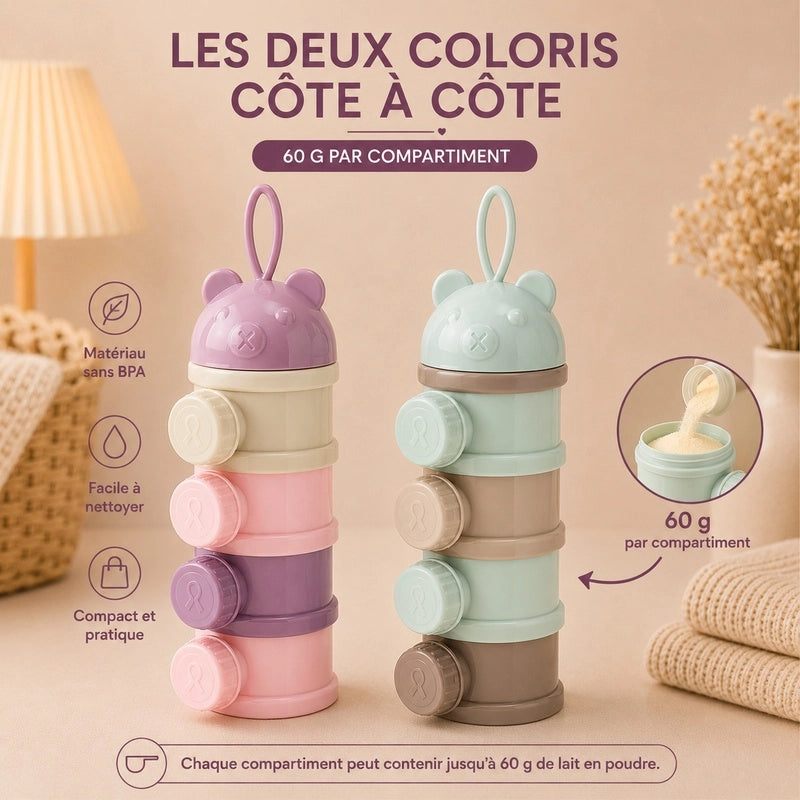 Comparaison des deux coloris du doseur à lait en poudre ours : violet et turquoise, 4 compartiments côte à côte