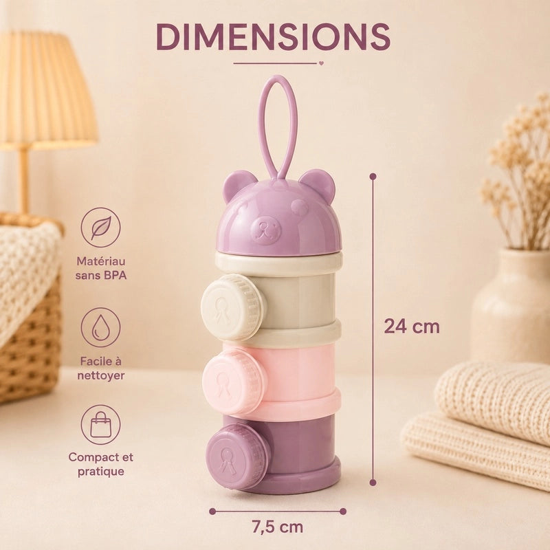 Schéma des dimensions du doseur à lait en poudre violet 3 compartiments : 24 cm de hauteur, 7,5 cm de largeur