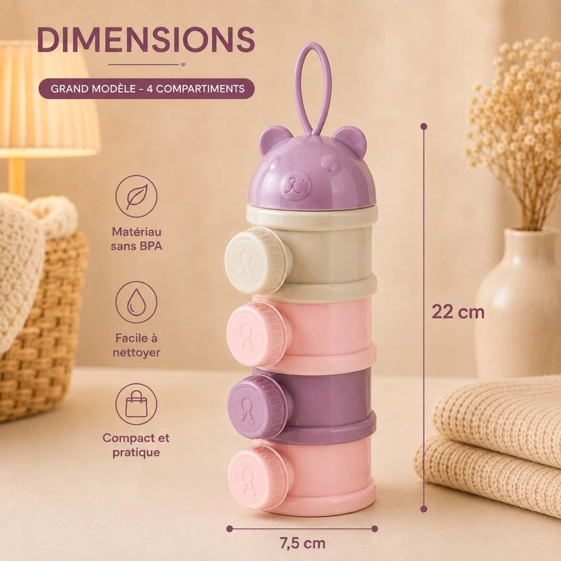 Schéma des dimensions du doseur à lait en poudre violet grand modèle 4 compartiments : 22 cm de hauteur, 7,5 cm de largeur
