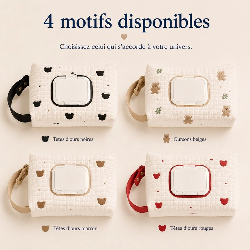 Pochette à lingettes disponible en 4 motifs : têtes d'ours noires, oursons beiges, têtes d'ours marron, têtes d'ours rouges
