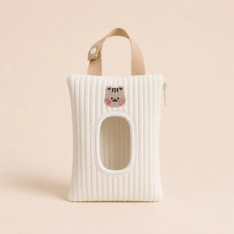 Pochette à lingettes blanche, broderie tête de chat, avec fenêtre de distribution