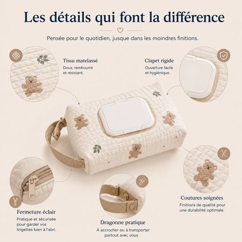 Détails de la pochette à lingettes motif oursons beiges : tissu matelassé, clapet rigide, fermeture éclair, dragonne