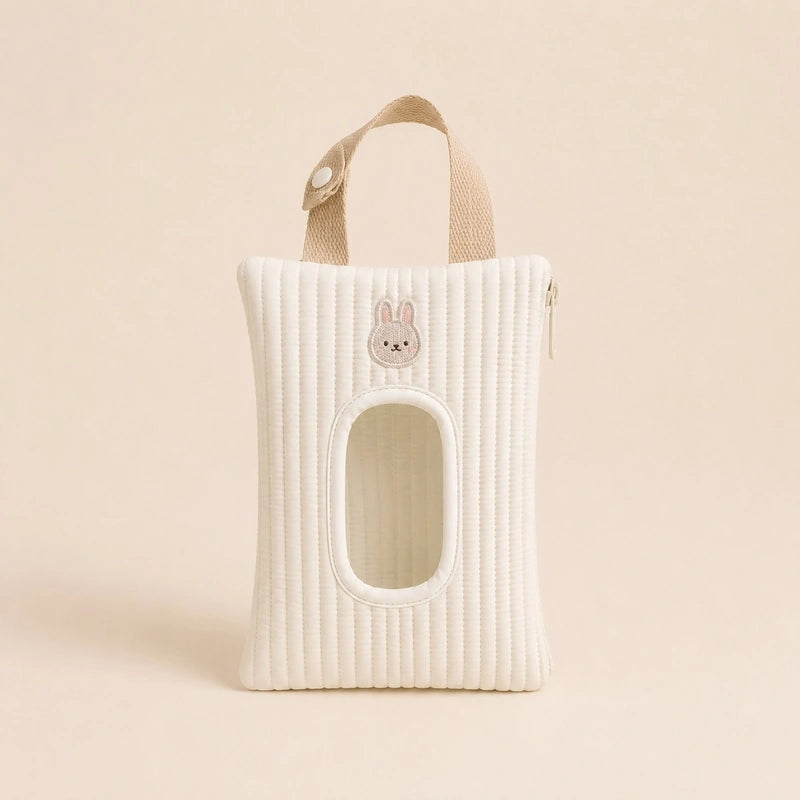 Pochette à lingettes blanche, broderie tête de lapin, avec fenêtre de distribution