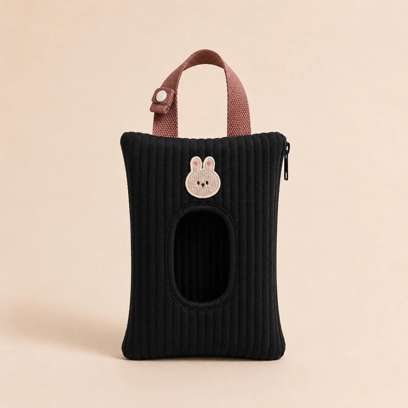 Pochette à lingettes noire, broderie tête de lapin, anse rose