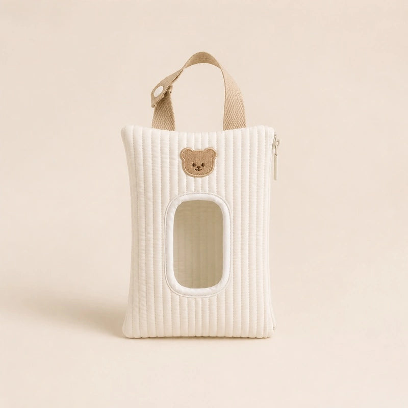 Pochette à lingettes blanche, broderie tête d'ourson, avec fenêtre de distribution