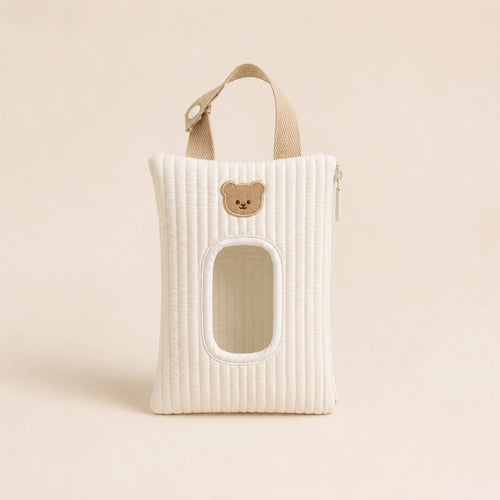 Pochette à lingettes blanche, broderie tête d'ourson, avec fenêtre de distribution