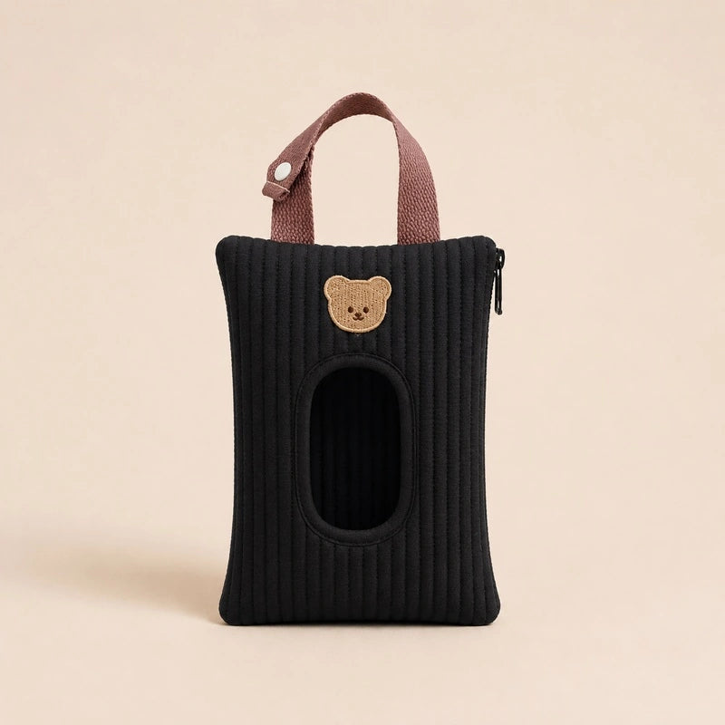 Pochette à lingettes noire, broderie tête d'ourson, anse marron
