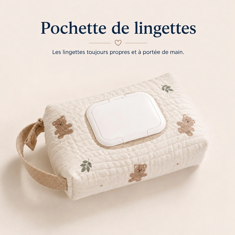 Pochette à lingettes écrue, broderie oursons beiges et feuillage, clapet ouvrant blanc
