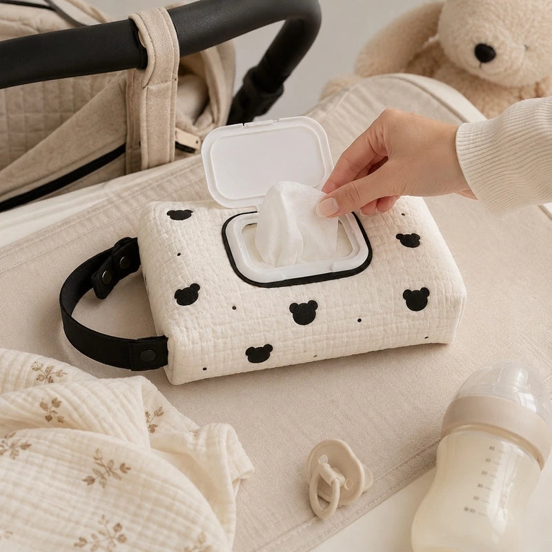 Pochette à lingettes blanche à motif têtes d'ours noires, posée sur une poussette avec biberon et attache-tétine