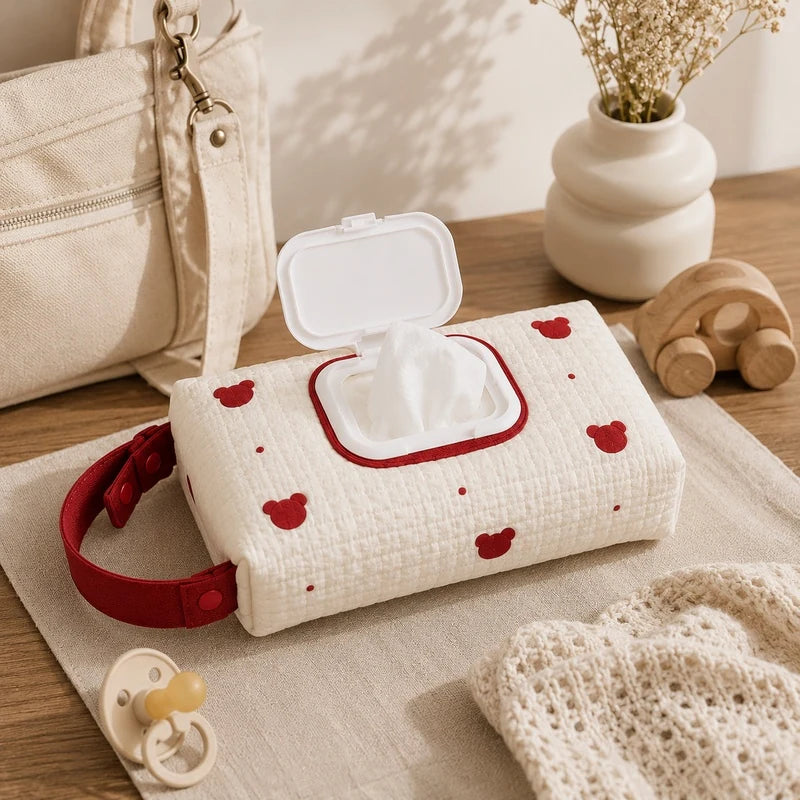 Pochette à lingettes blanche à motif têtes d'ours rouges, posée sur une table à côté d'un sac et d'un jouet en bois