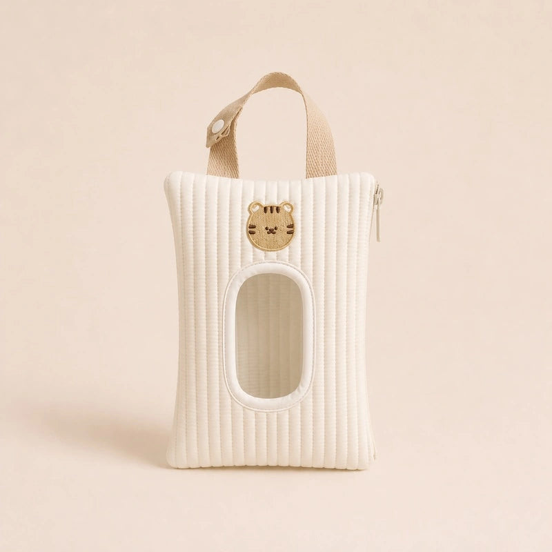 Pochette à lingettes blanche, broderie tête de tigre, avec fenêtre de distribution