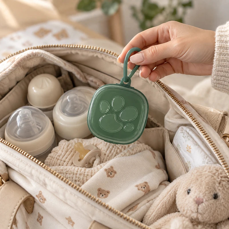 Protège-tétine bébé vert motif patte d'animal, tenu à la main au-dessus d'un sac à langer ouvert