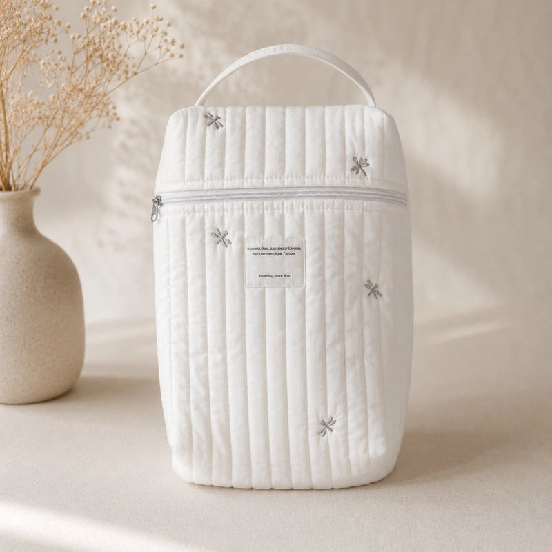 Sac à couche bébé matelassé blanc brodé libellules avec anse