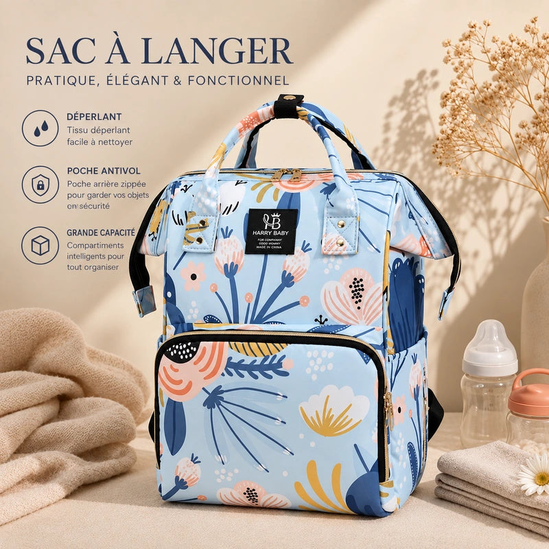 Sac à dos à langer bébé bleu fleuri Harry Baby, imperméable et grande capacité