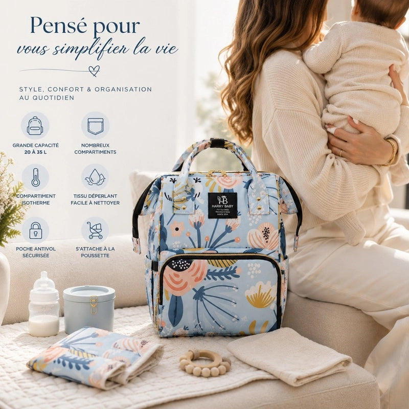 Maman avec bébé près du sac à dos à langer bleu fleuri, style et organisation