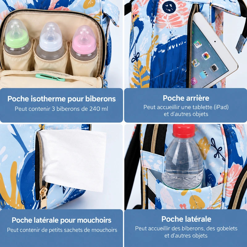 Sac à langer bébé bleu fleuri : poche isotherme biberons, poche tablette et rangements