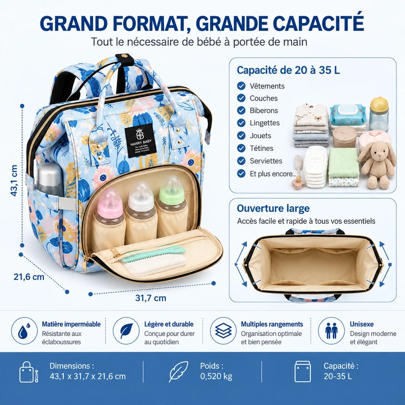 Sac à dos à langer bébé bleu fleuri 43x32x22cm, grande capacité 20 à 35 litres