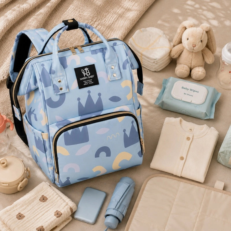 Sac à dos à langer bébé Harry Baby motif royaux entouré d'accessoires de puériculture