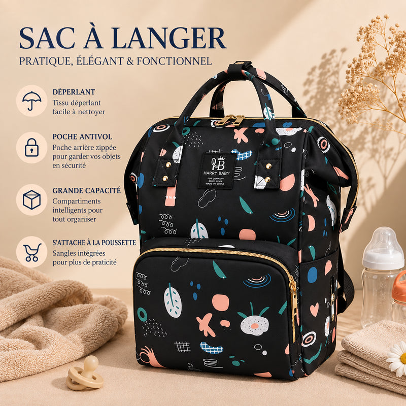 Sac à dos à langer bébé Harry Baby noir imprimé, déperlant et grande capacité