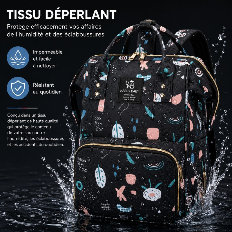 Sac à dos à langer bébé Harry Baby noir en tissu déperlant résistant à l'eau
