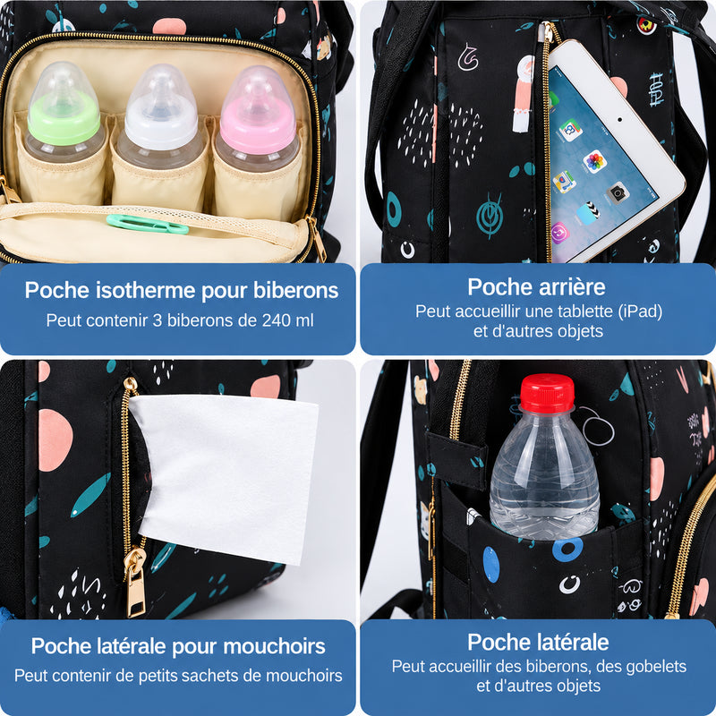 Sac à langer bébé Harry Baby noir : poche isotherme biberons et poche tablette arrière