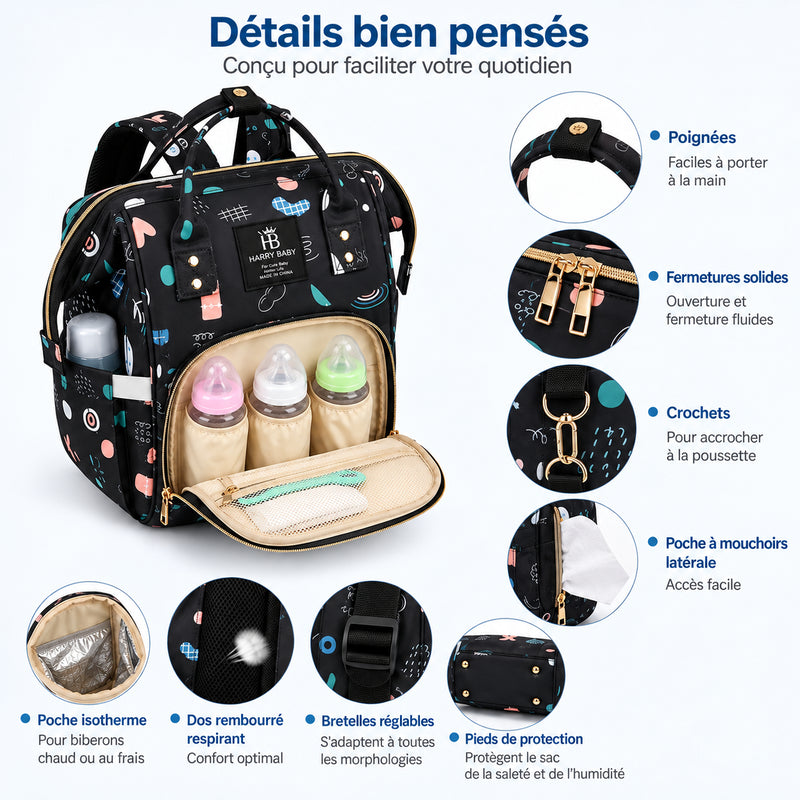 Détails du sac à langer bébé Harry Baby noir : poignées, fermetures et crochets poussette