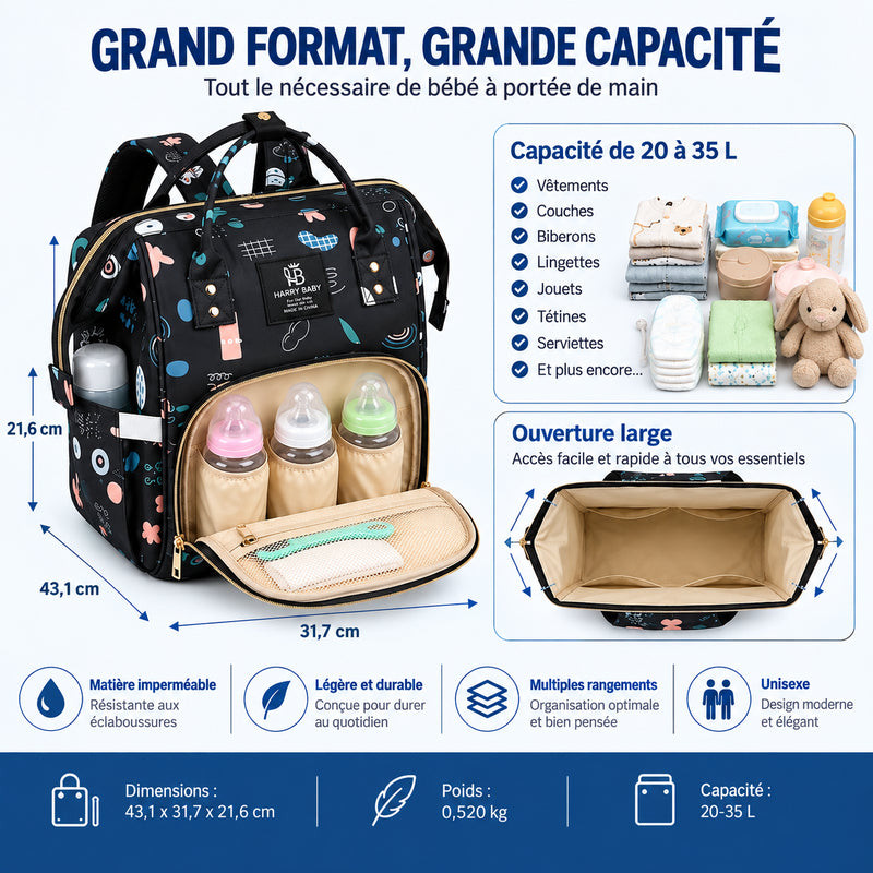 Sac à dos à langer bébé Harry Baby noir 43x32x22cm, grande capacité 20 à 35 litres