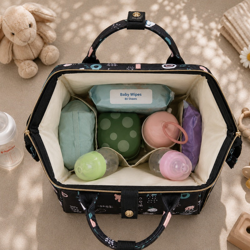 Intérieur organisé du sac à langer bébé Harry Baby noir avec biberons et affaires bébé
