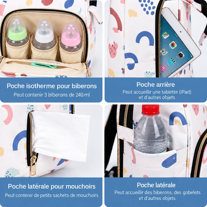 Sac à dos à langer bébé Harry Baby pastels blanc, déperlant et compartiment isotherme