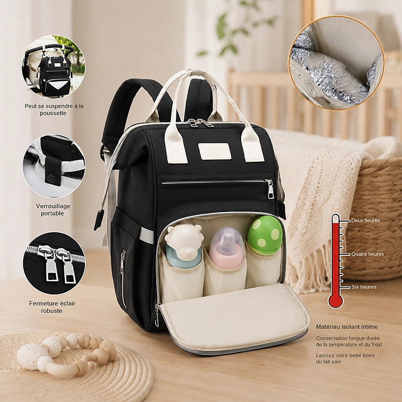 Détail des poches du sac à dos à langer noir : poche avant zippée, compartiment isotherme, poche latérale