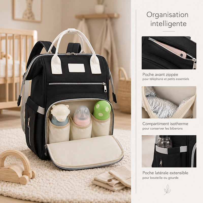Sac à dos à langer noir ouvert montrant la poche isotherme avec trois biberons