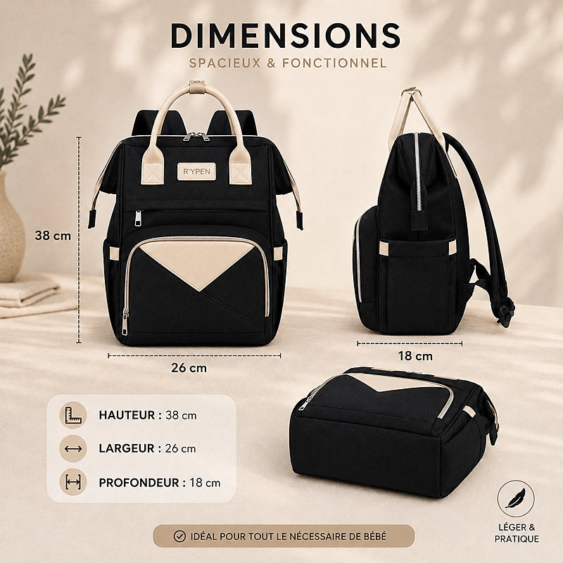 Schéma des dimensions du sac à dos à langer : 38 cm de hauteur, 26 cm de largeur, 18 cm de profondeur