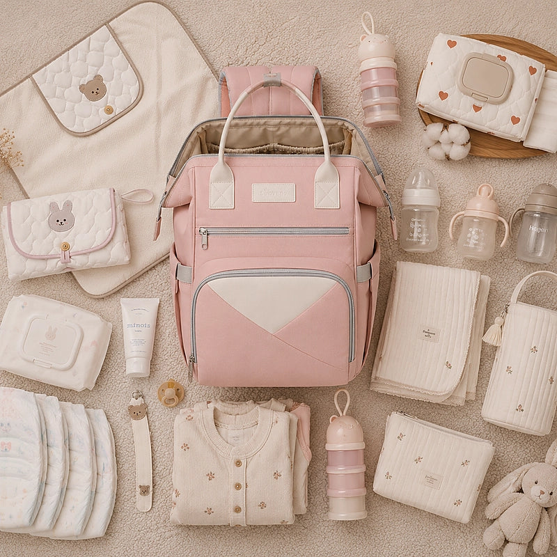 Sac à dos à langer rose entouré d'accessoires bébé assortis : lingettes, biberons, vêtements