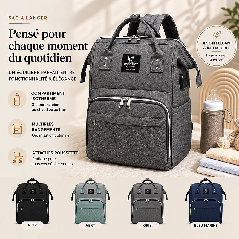 Sac à dos à langer multifonctions Daphné Harry Baby gris, disponible en 4 coloris