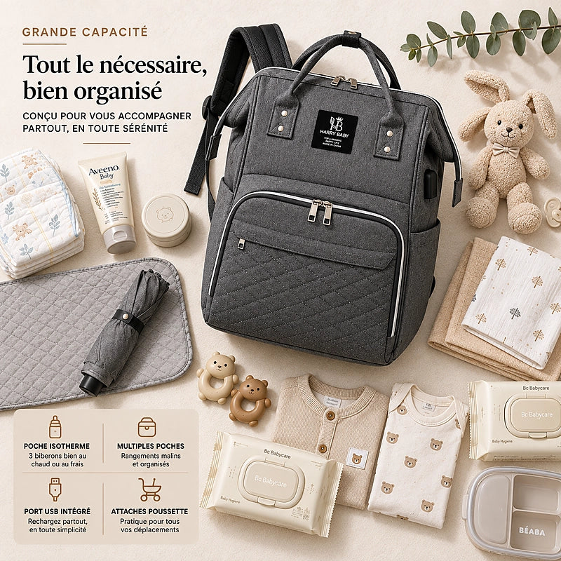 Sac à langer multifonctions Daphné Harry Baby gris entouré d'accessoires de puériculture
